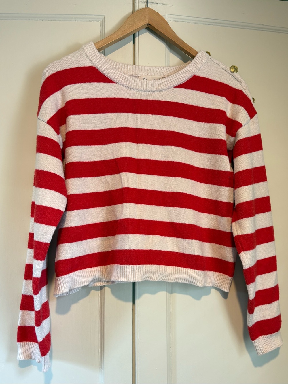 Marled Red & Cream Striped Cropped Sweater with Gold Button Detail